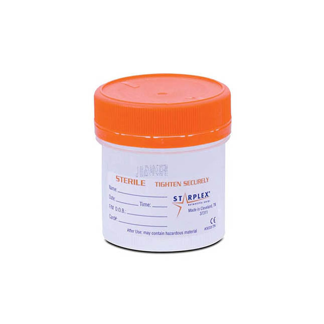 Leakbuster Specimen Container, Sterile, Orange Cap, with Tamper Tab Patient Label
