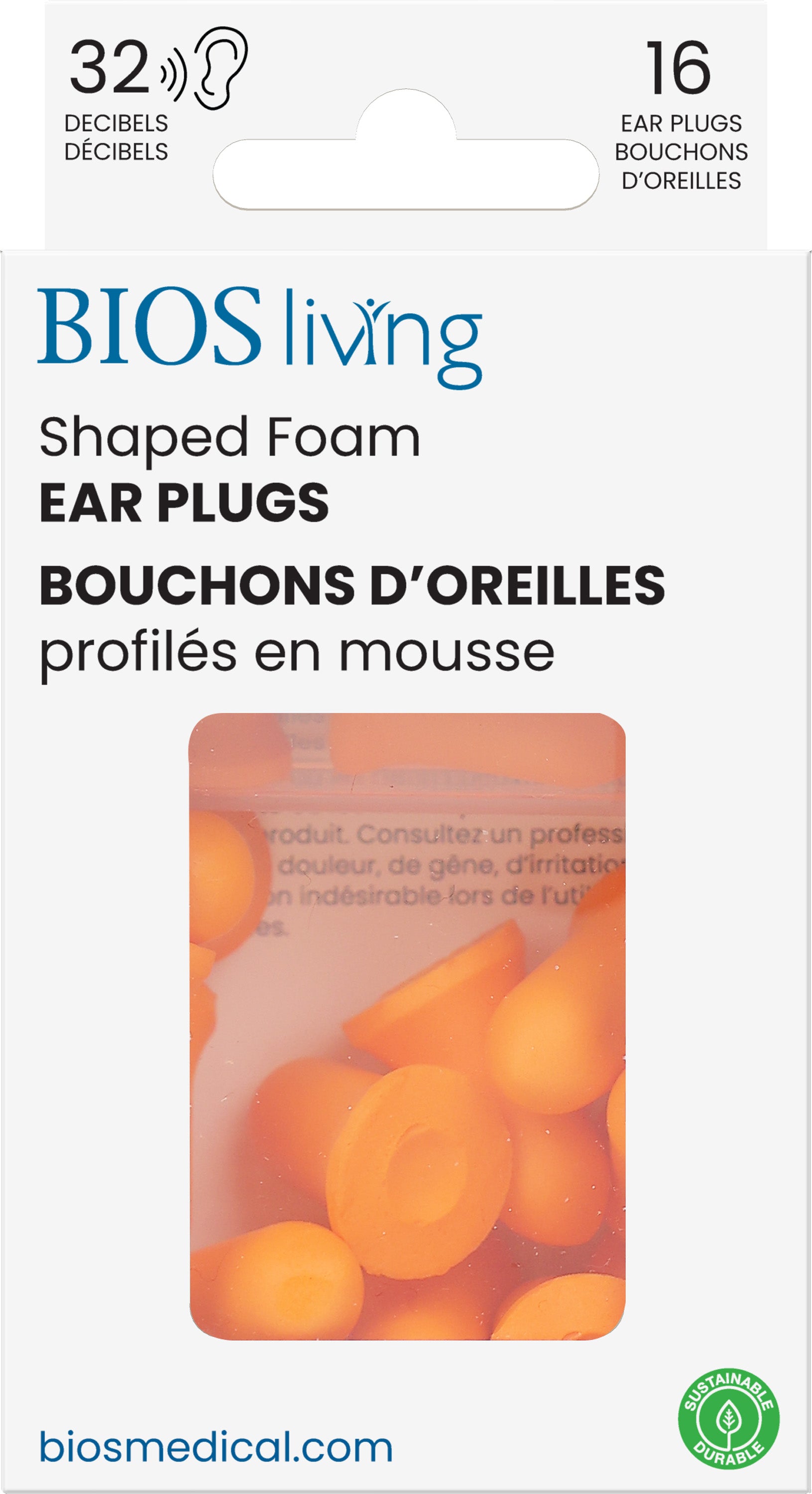 BIOS Living - Shaped Foam Ear Plugs - 16 PC, Orange, 32dB (EP106)
