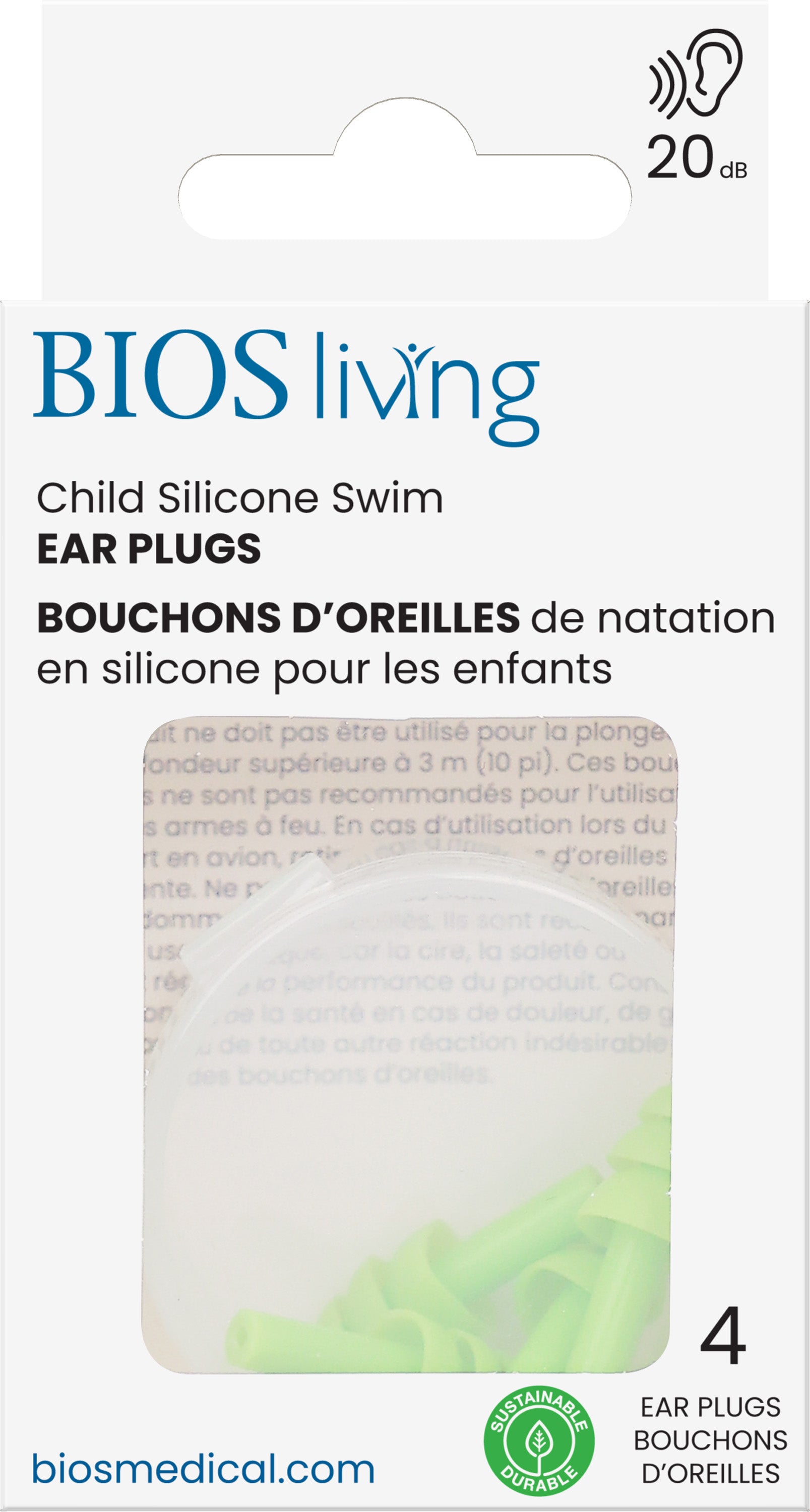 BIOS Living - Silicone Child Swim Earplugs - 4 PC, Green, 20dB (EP123)