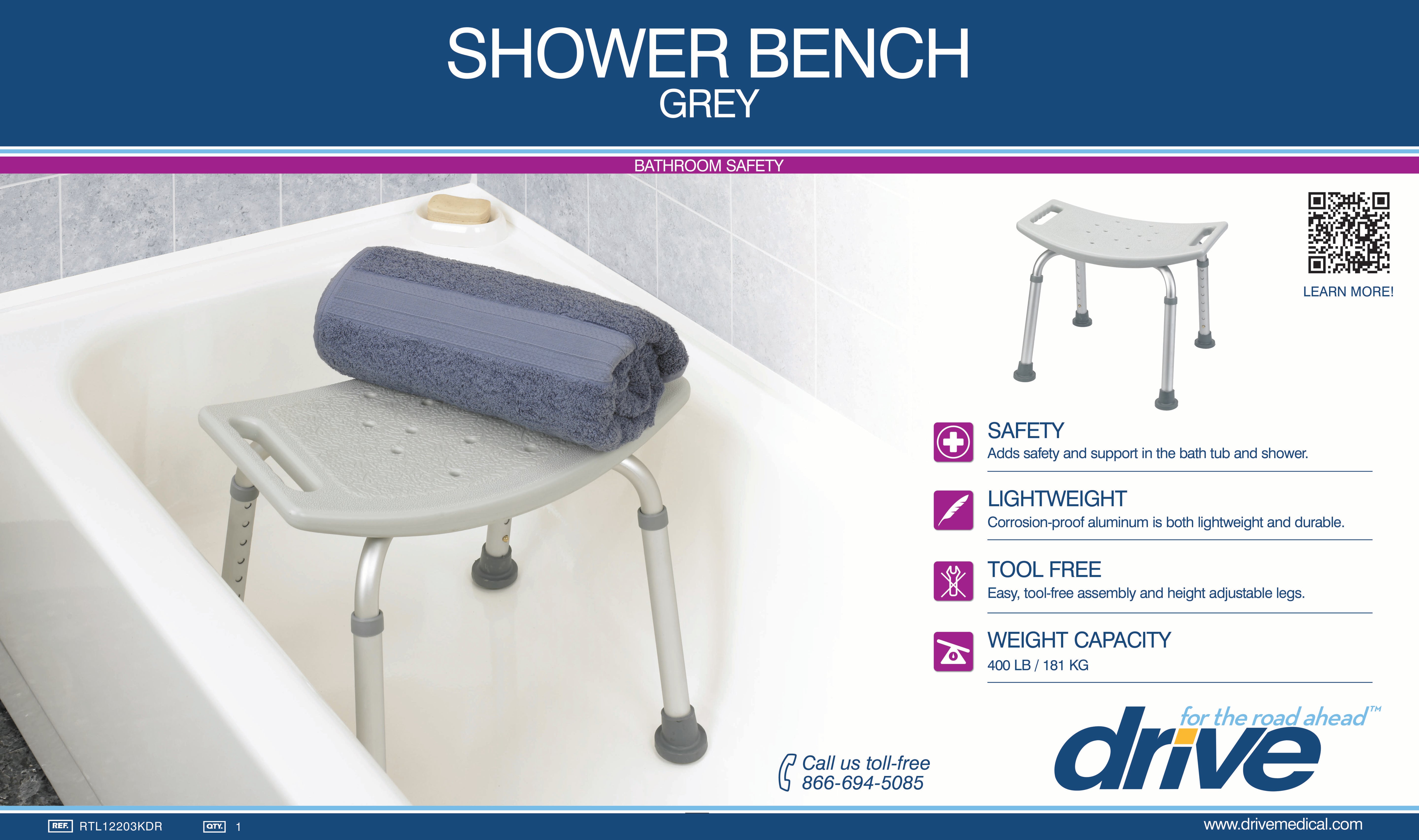 Deluxe Aluminum Shower Bench Without Back