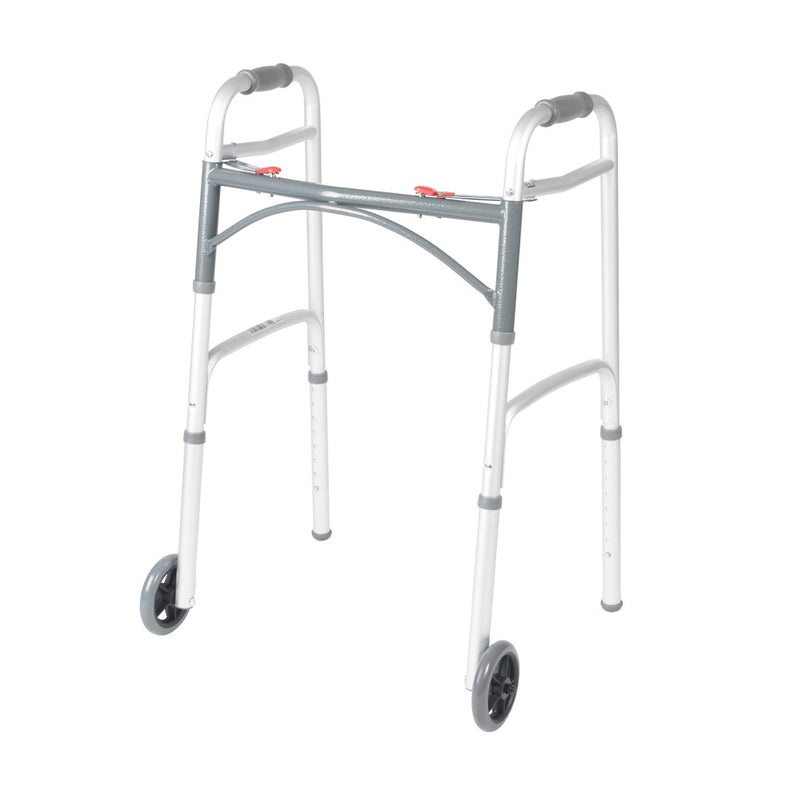 Deluxe Folding Walker, Two Button With 5" Wheels