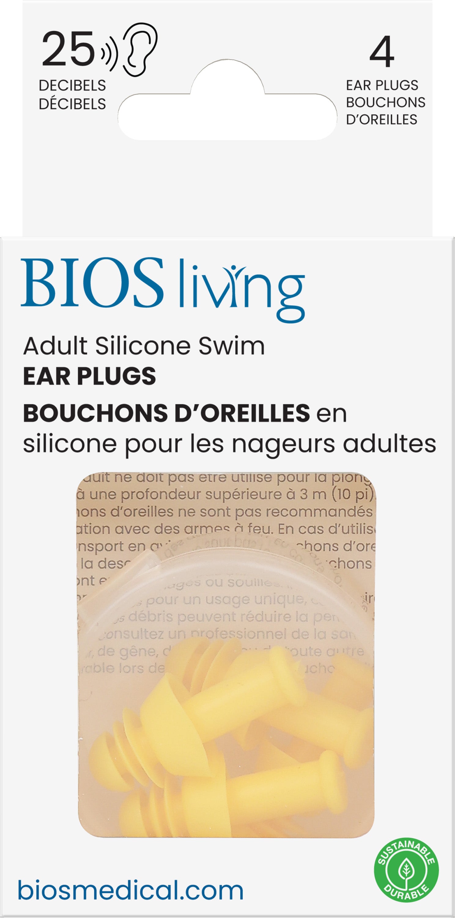 BIOS Living - Silicone Adult Swim Earplugs - 4 PC, Yellow, 25dB (EP122)
