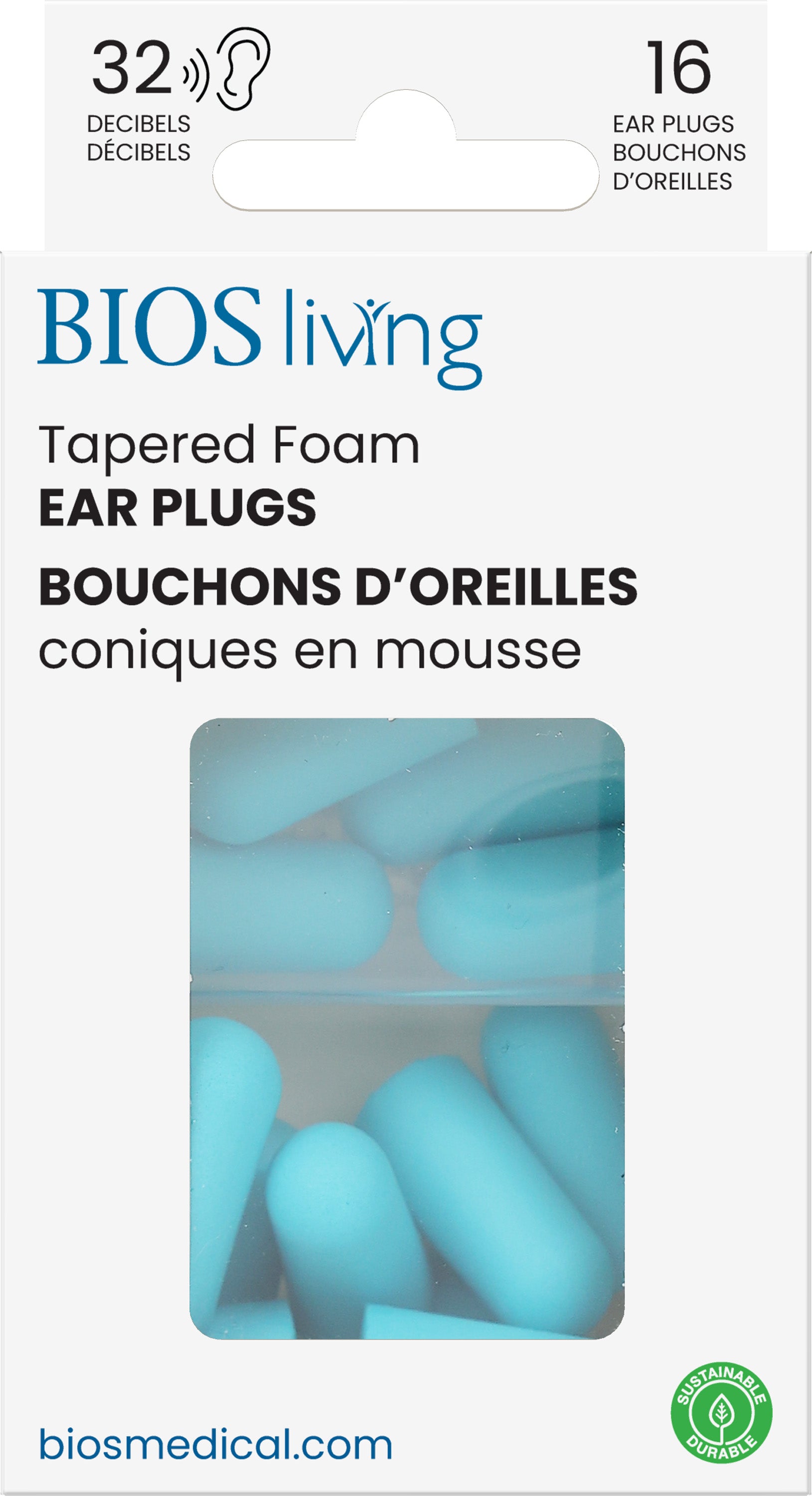 BIOS Living - Tapered Foam Ear Plugs - 16 PC, Blue, 32dB (EP102)