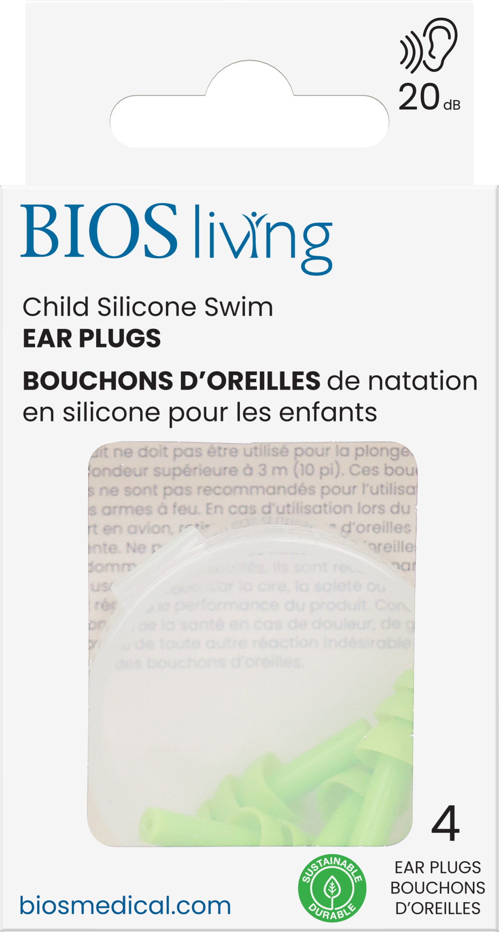 BIOS Living - Silicone Child Swim Earplugs - 4 PC, Green, 20dB (EP123)