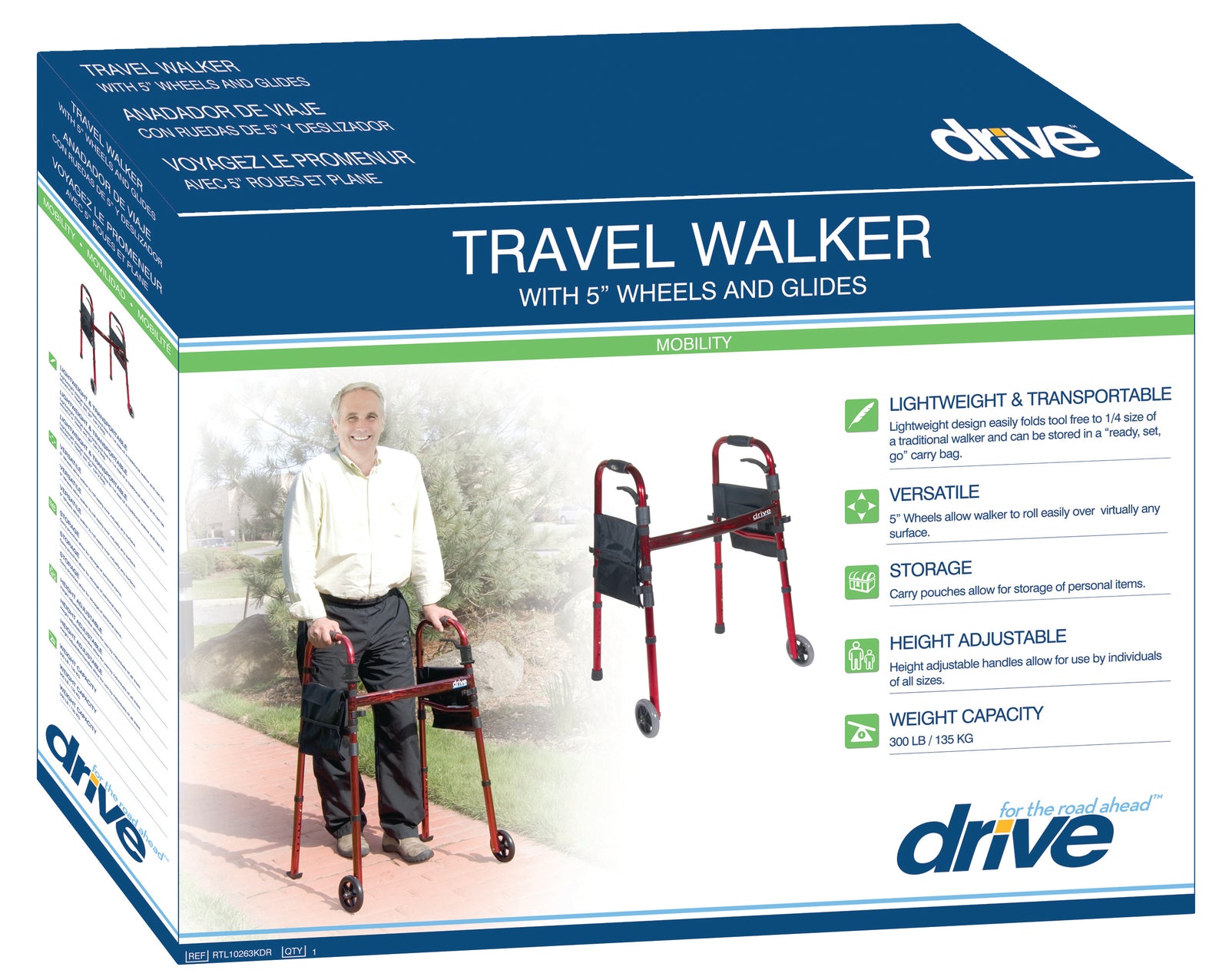 Déambulateur de voyage pliable de luxe avec roues de 5 po rouge flamme