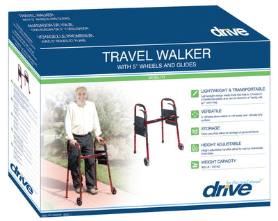 Deluxe Folding Travel Walker With 5" Wheels Flame Red