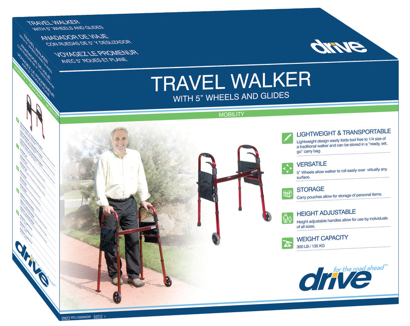 Deluxe Folding Travel Walker With 5" Wheels Flame Red
