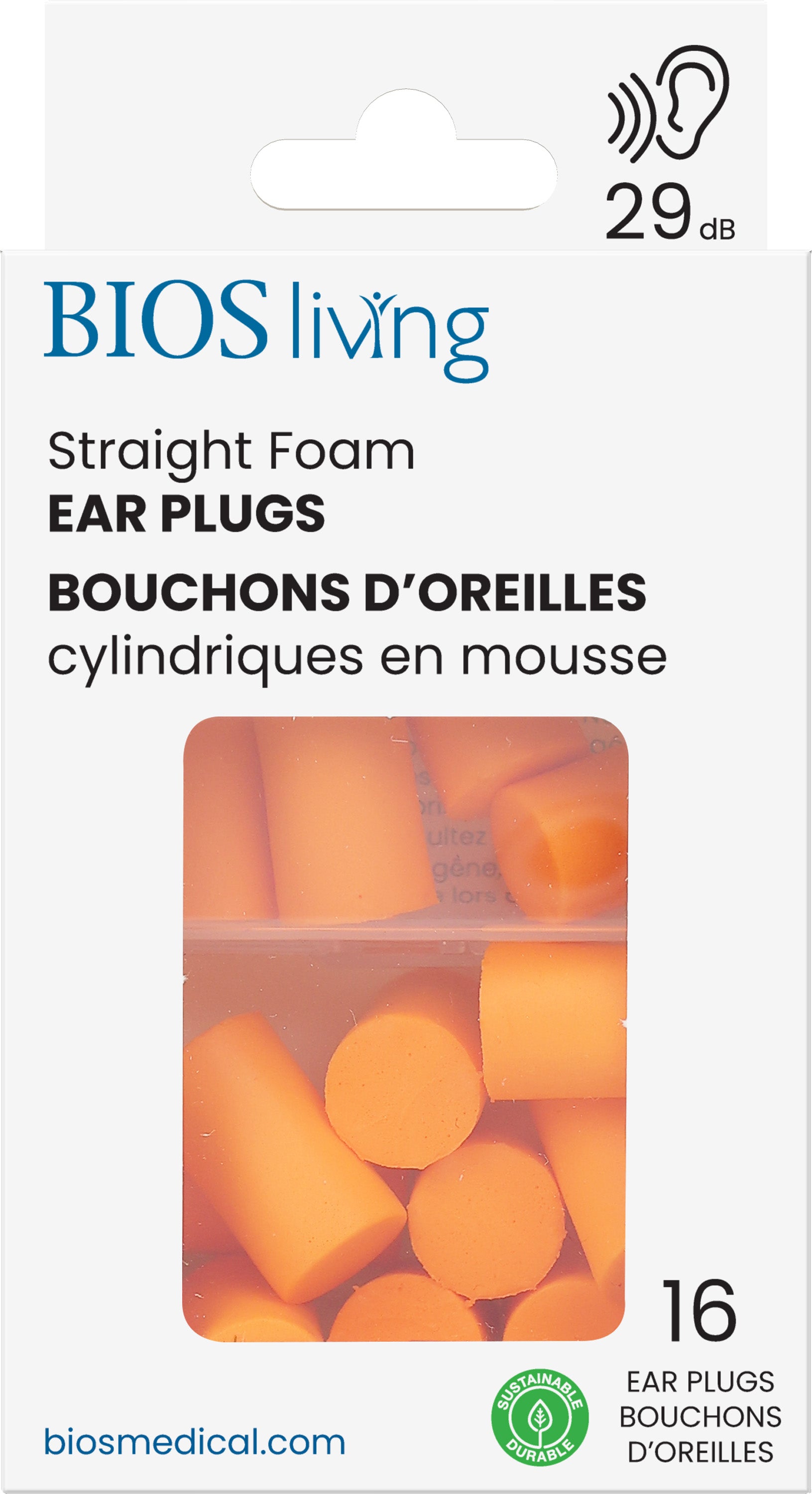 BIOS Living - Straight Foam Ear Plugs - 16 PC, Orange, 29dB (EP108)