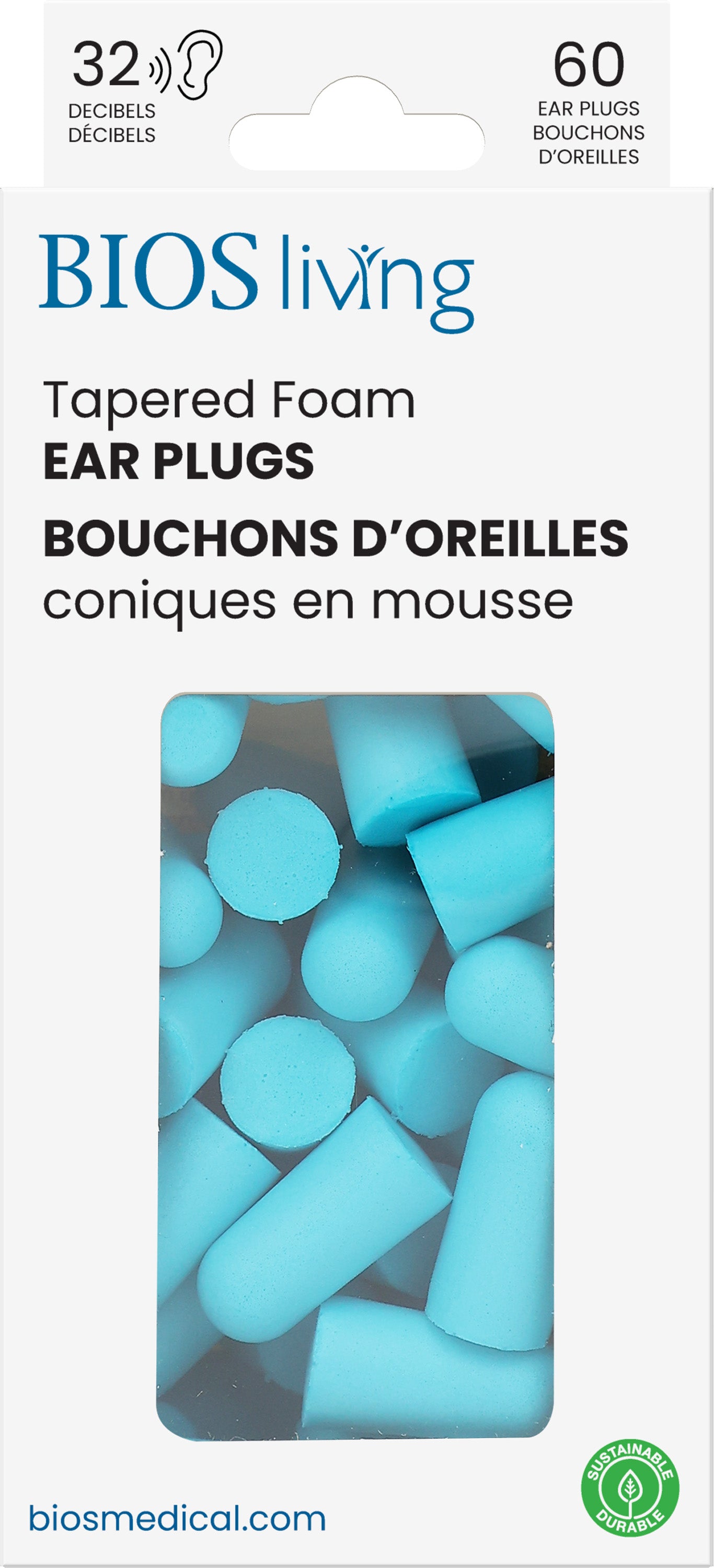 BIOS Living - Tapered Foam Ear Plugs - 60 PC, Blue, 32dB (EP126)