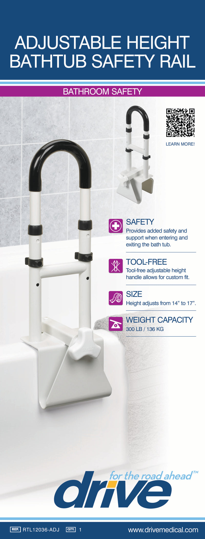 Clamp-On Tub Rail Adjustable Height