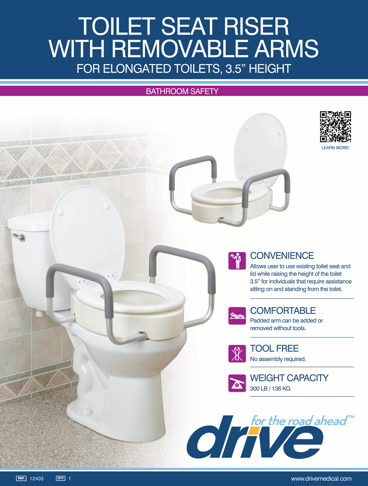 Drive Premium Raised Toilet Seat With Removable Arms
