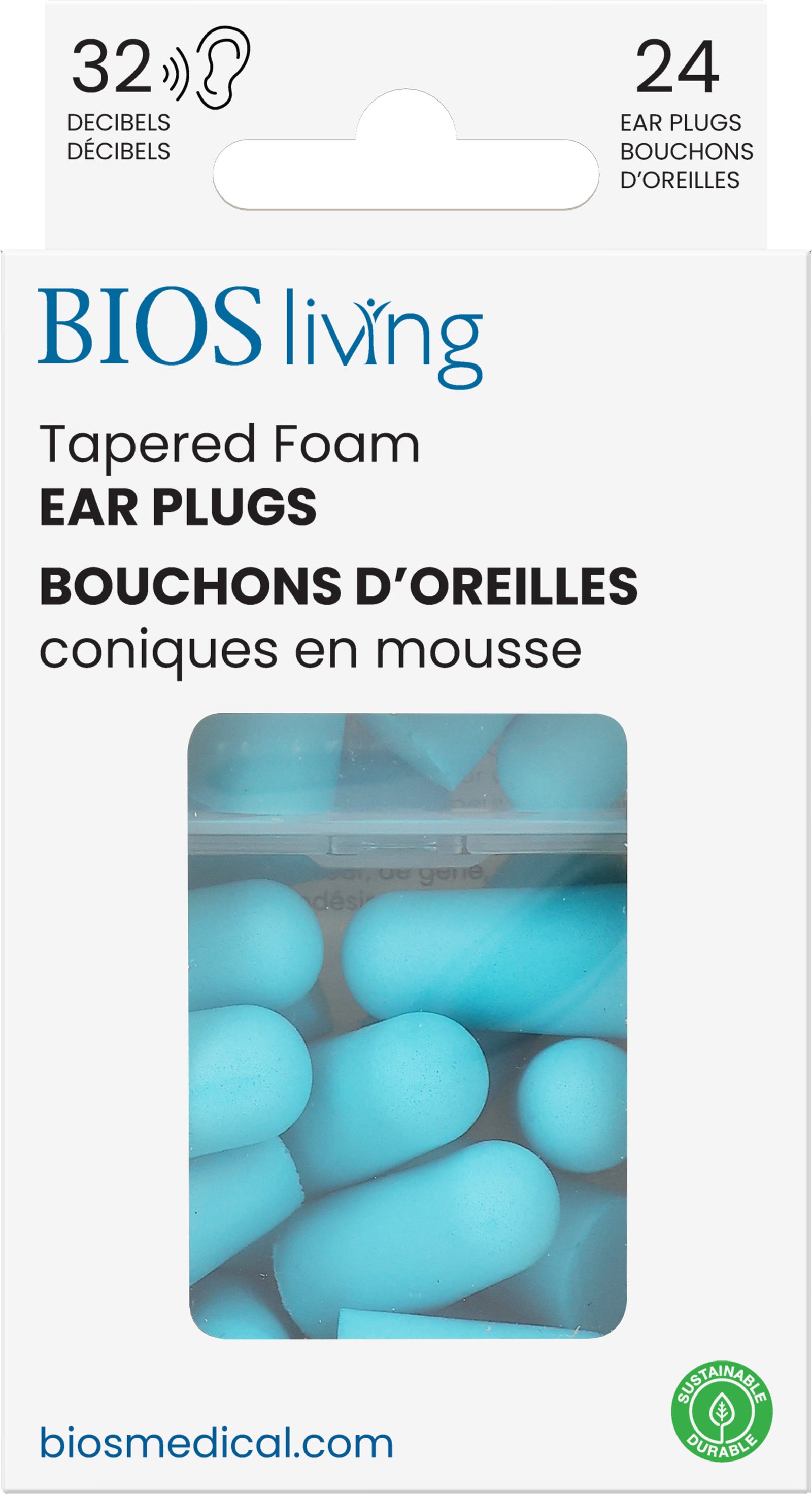 BIOS Living - Tapered Foam Ear Plugs - 24 PC, Blue, 32dB (EP101)