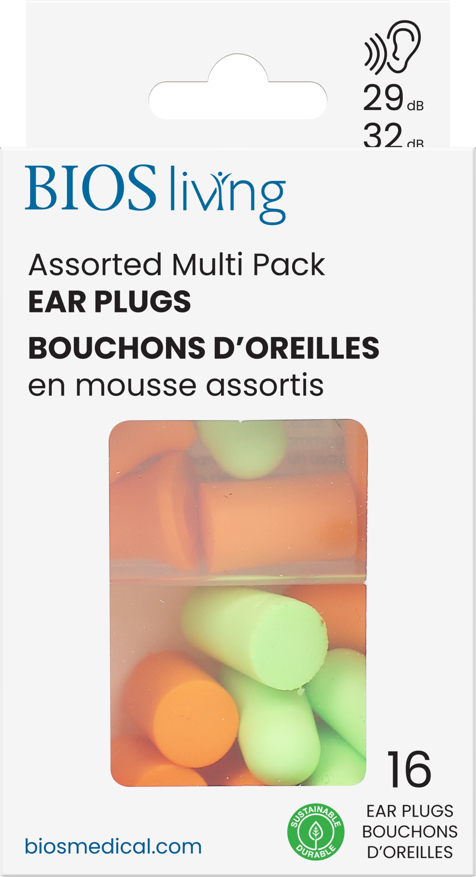 BIOS Living - Assorted Foam Ear Plugs – 16pc, Tapered, Shaped (32dB) & Straight (29dB) (EP109)