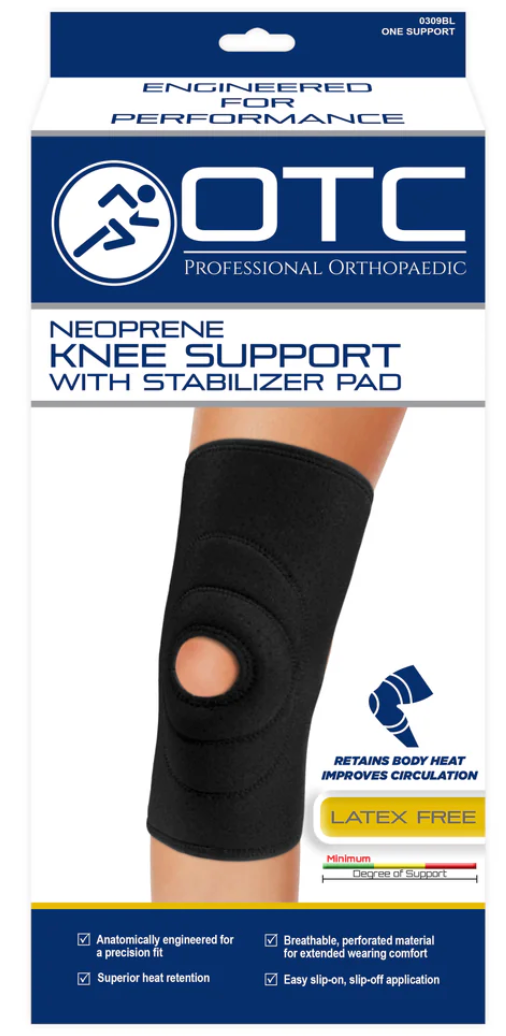 Genouillère en néoprène (coussinet stabilisateur) noire, en vente libre