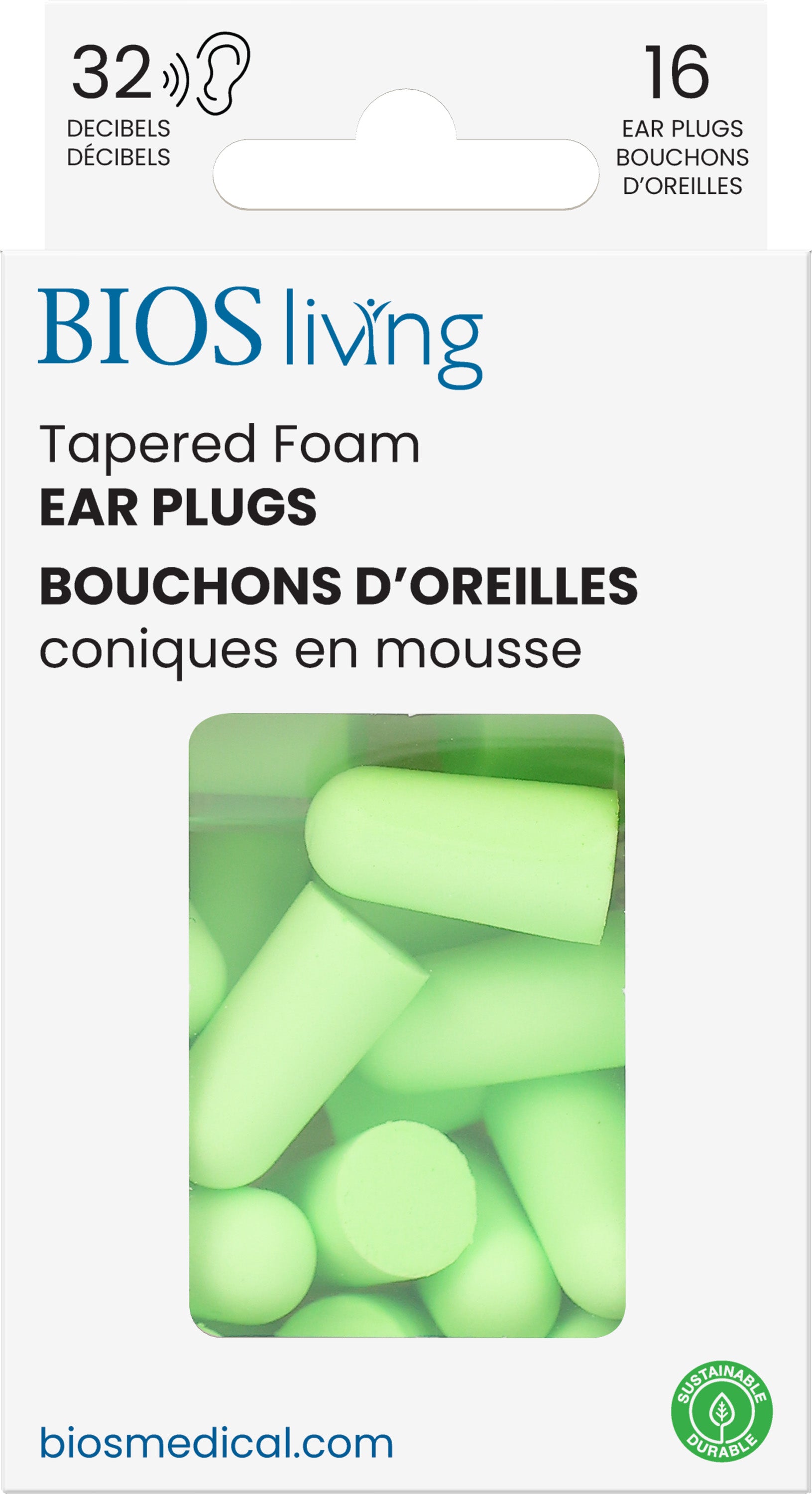 BIOS Living - Tapered Foam Ear Plugs - 16 PC, Green, 32dB (EP104)