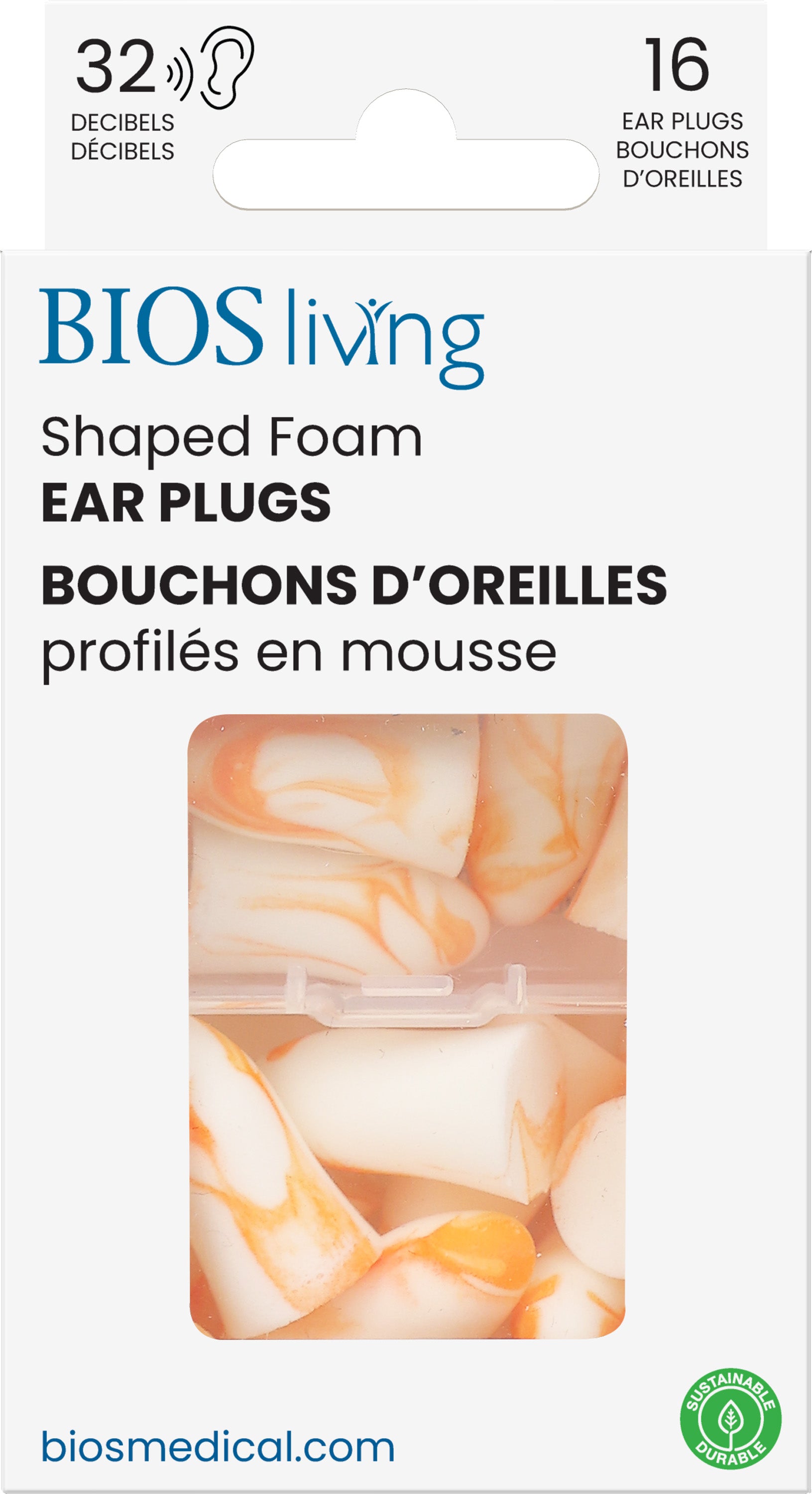 BIOS Living - Shaped Foam Ear Plugs - 16 PC, Orange/White Tie-Dye, 32dB (EP107)