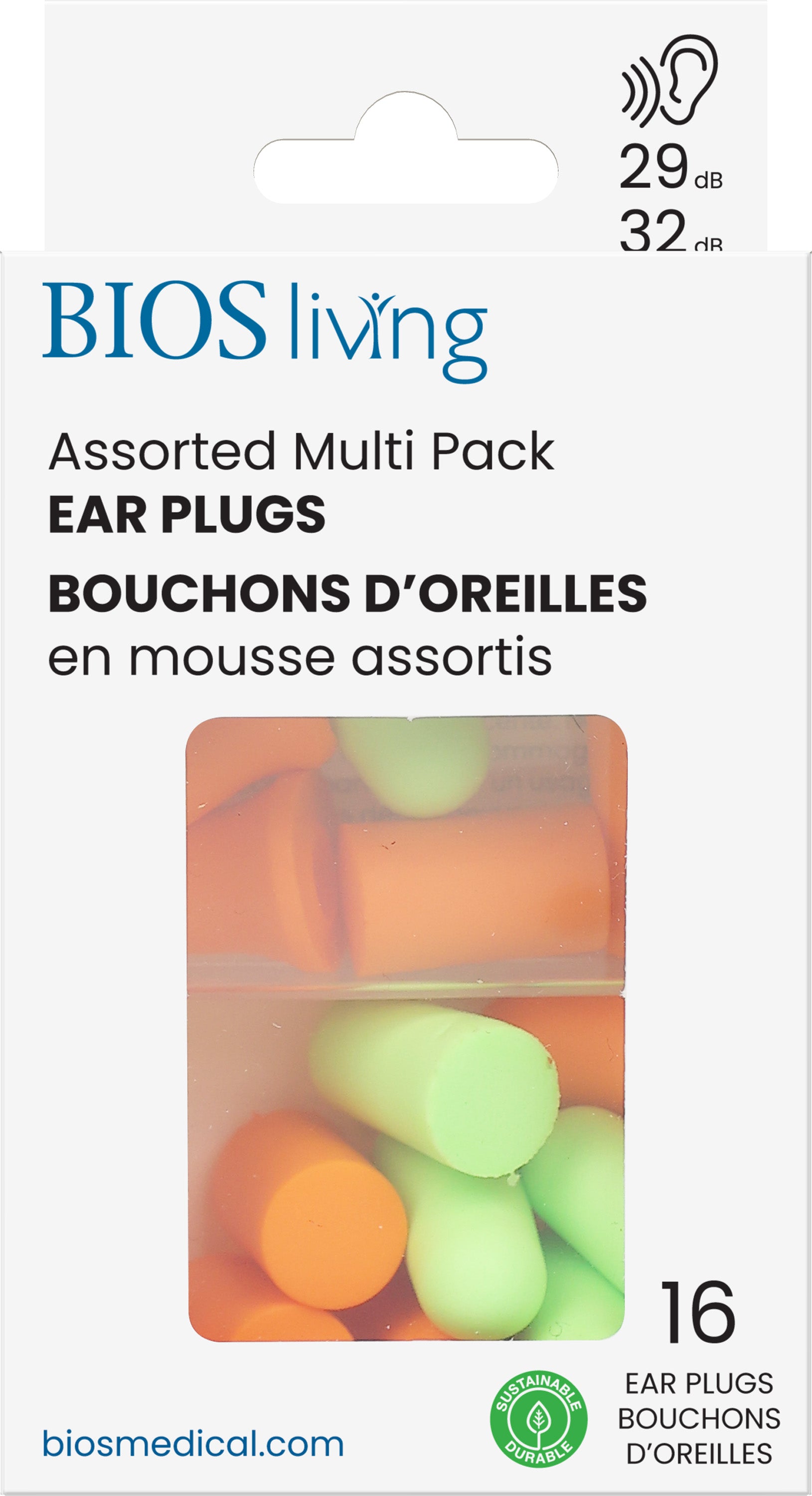BIOS Living - Assorted Foam Ear Plugs - 16pc, Tapered, Shaped (32dB) & Straight (29dB) (EP109)