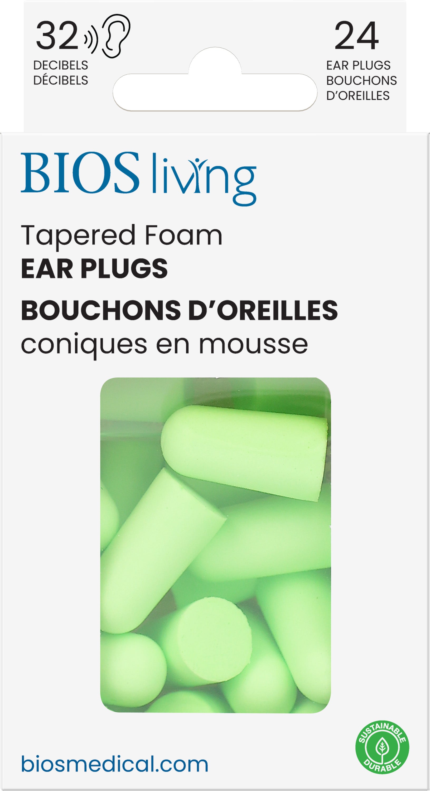 BIOS Living - Tapered Foam Ear Plugs - 24 PC, Green, 32dB (EP103)