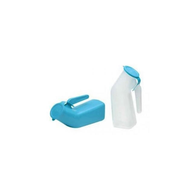 Urinoir pour homme, translucide avec couvercle bleu