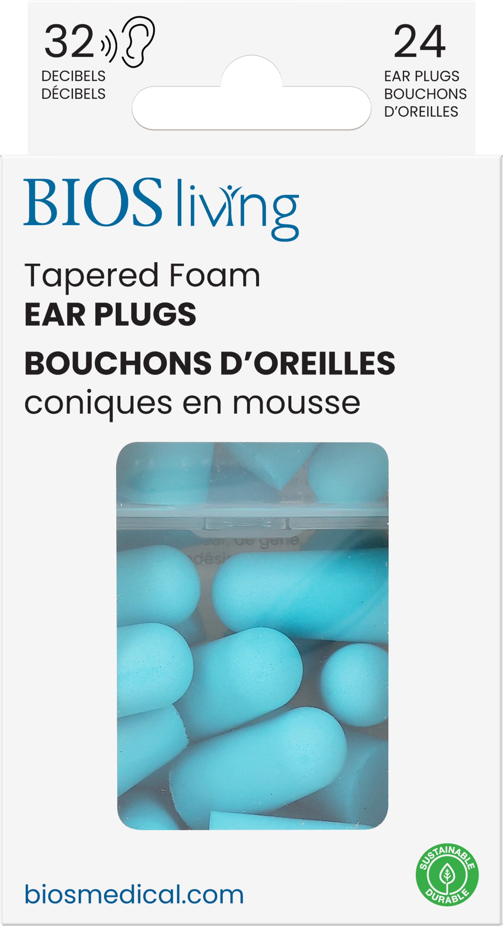 BIOS Living - Tapered Foam Ear Plugs - 24 PC, Blue, 32dB (EP101)