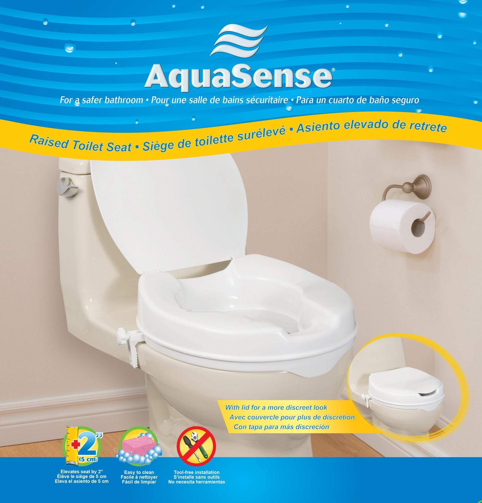 Rehausseur de siège de toilette Aquasense avec couvercle