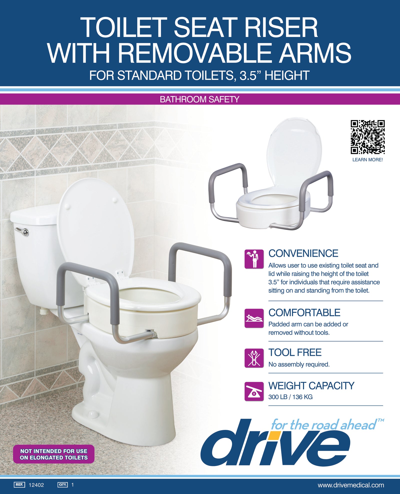 Drive Premium Raised Toilet Seat With Removable Arms